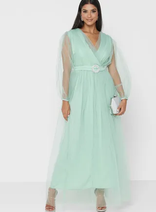 Surplice Neck Mesh Plisse Belted Dress