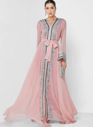 Flute Sleeve Belted Embellished Dress