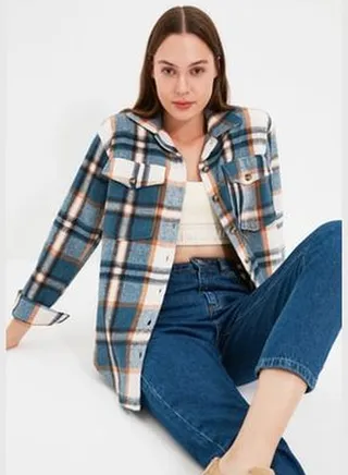 Blue Plaid Oversize Woven Shirt TWOAW22GO0549