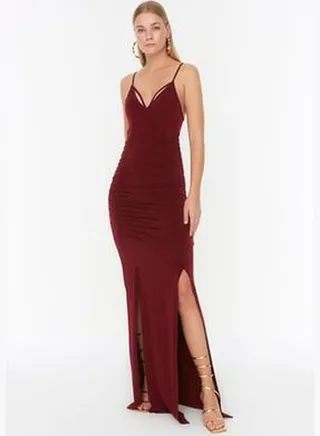 Burgundy Collar Detailed Long Evening Evening Dress