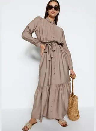 Mink Belted Shoulder Detail Skirt With Flounces Woven Shirt Dress TCTSS21EL3887