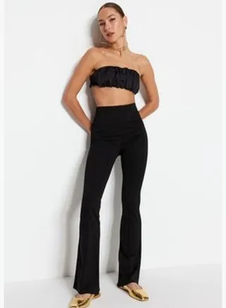 Black Ribbed High Waist Knitted Trousers with Elastic Waist Flare/Flare-Flare/Flare-Front TWOSS20PL0342