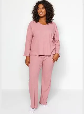 Dry Rose Corduroy Knitted Top and Bottom Set TBBAW24CP00025