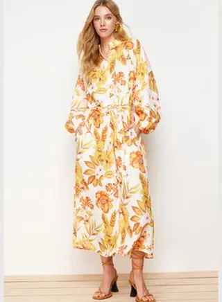 Ecru Floral Woven Shirt Dress