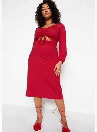 Claret Red with Window/Cut Out Detailed Pleated Knitted Dress TBBAW23AH00080