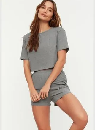 Gray Ribbed Knitted Pajamas Set THMSS21PT1101