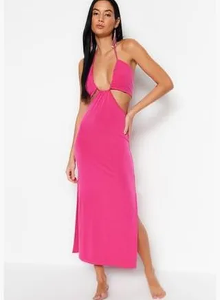 Fuchsia Fitted Maxi Knitted Cut Out/Window Beach Dress TBESS23EL00122