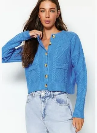 Light Blue Soft Textured Crewneck Knitwear Cardigan TWOAW24HI00231
