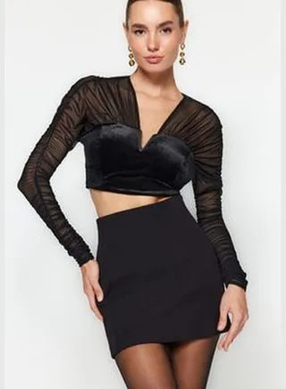 Black Draped Velvet Tulle Blouse TPRAW24BZ00016