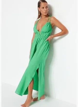Green Maxi Woven Slits 100% Cotton Beach Dress TBESS23EL00067