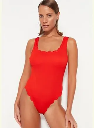Red Square Collar Laser Cut, Textured Regular Leg Swimsuit TBESS23MA00341
