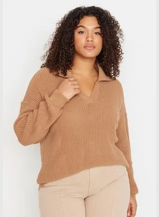 Camel Shirt Collar Knitwear Sweater