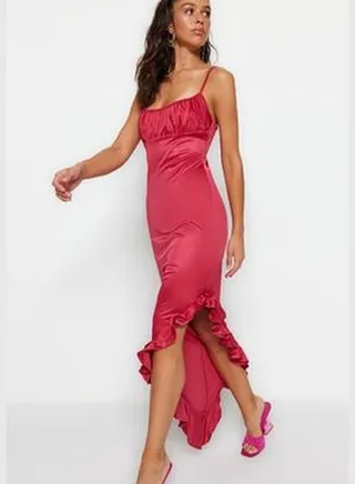Fuchsia Fitted Evening Dress in Knitted Satin with Ruffles TPRSS23AE00264.