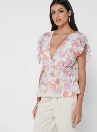 Printed Ruffle Detail Top