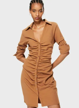Ruched Detail Button Down Shirt Dress
