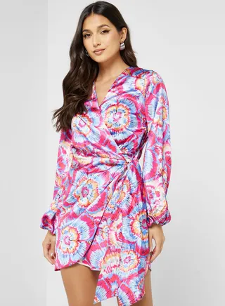 Printed V-Neck Balloon Sleeve Dress
