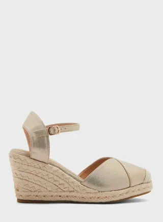 Mixed Material Metallic Wedge Sandal