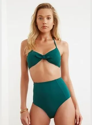 Green High Waist Bikini Bottoms with Cup Stitching TBESS21BA0070