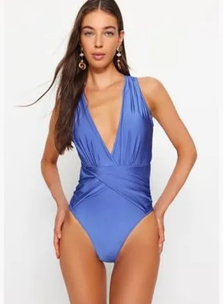 Saks Deep Decollete Draped Swimsuit TBESS21MA0042