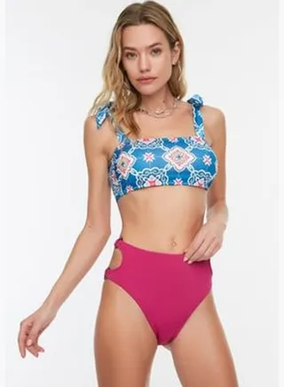 Fuchsia Cut Out Detailed High Waist Bikini Bottoms. TBESS22BA0234