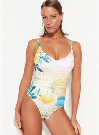 Scenery Patterned V-Neck Regular Leg Swimsuit TBESS23MA00310