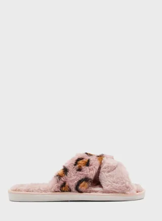 Animal Print Crossover Fluffy Bedroom Slipper