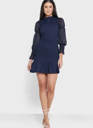 High Neck Balloon Sleeve Pleated Hem Dress