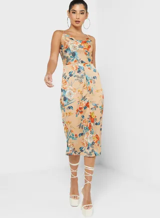 Cowl Neck Floral Print Dress