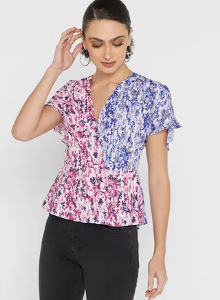 Printed Mock Wrap Top