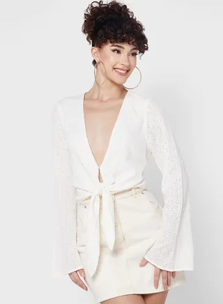 Plunge Neck Knot Detail Printed Top