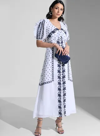 Embroidered Puff Sleeve Dress