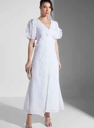 Embroidered Button Detail Midaxi Dress