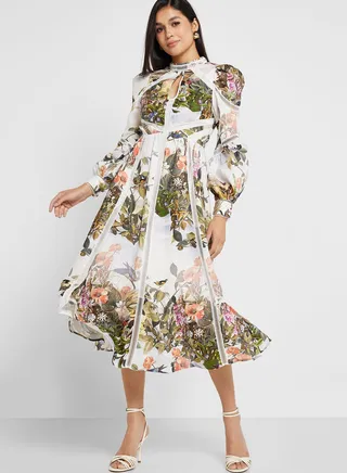 Printed High Neck Ruffle Dress