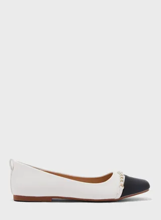 Pearl Trim Square Toe Flat Shoe White