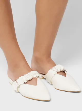 Ruched Strap Slip On Flat Shoe White