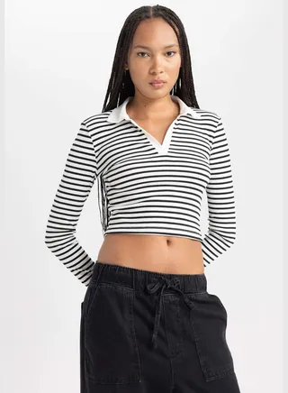 Woman Polo Neck Knitted Long Sleeve T-Shirt
