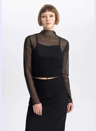 Woman Slim Fit Mock Neck Knitted Long Sleeve T-Shirt