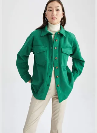 Woman Shacket Woven Long Sleeve Shirt