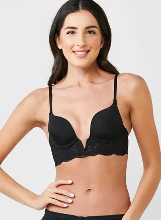 Semi Lace Plunge Neck Push Up Bra