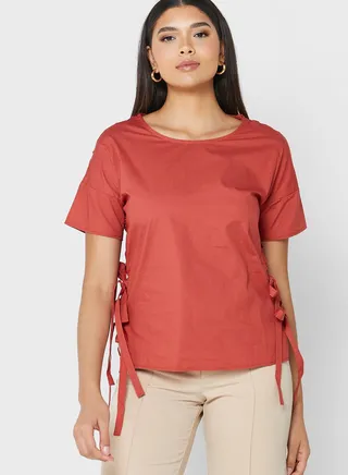 Lace Insert Tie Detail Top