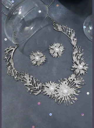 Silver Plated Designer Party Necklace and Earring Set For Women