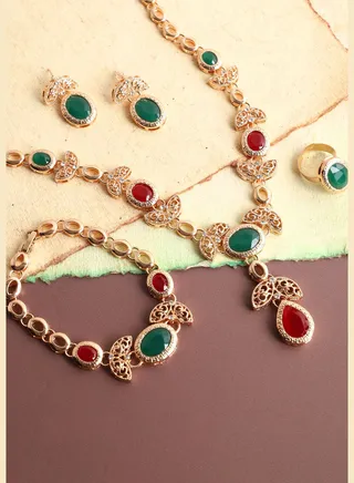 Gold Plated Designer Stone Necklace, Earring, Ring and Bracelet Set