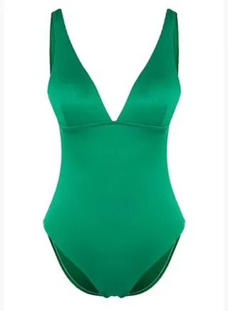 Green V-Neck Textured Swimsuit TBESS24MA00056