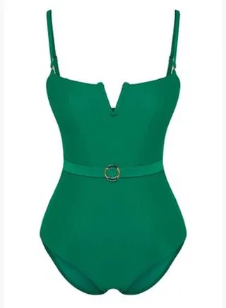 Green Belted Strapless Swimsuit