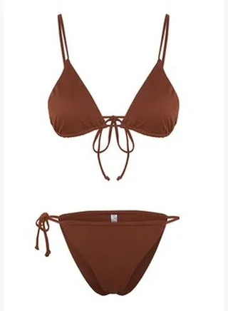 Brown Triangle Tunnel High Leg Bikini Set