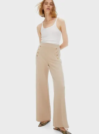 Button Detail Wide Leg Pants