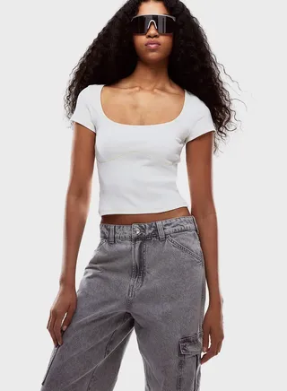 Crew Neck Ribbed Detail Top