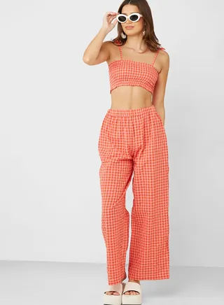 Tie Shoulder Shirred Crop Top & Pants Set