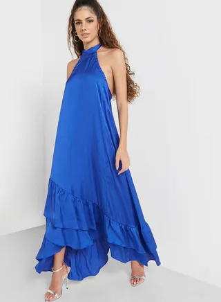 Halter Neck Asymmetric Polka Dot Dress