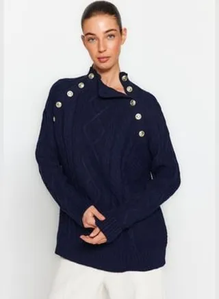 Navy Blue Wide fit Knitwear Sweater with Accessory Detail TWOAW24KZ00104.